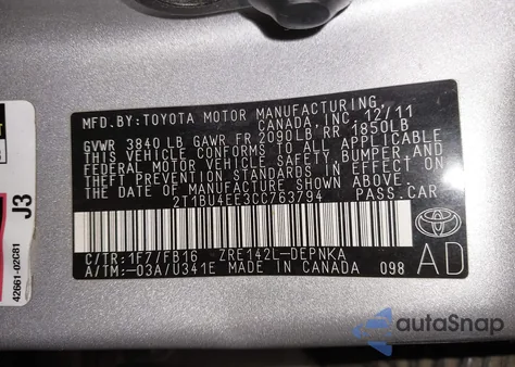 2012 Toyota Corolla Le from USA, damaged, VIN 2T1BU4EE3CC763794
